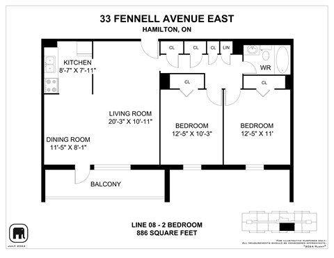 Floor plan for 2 beds, 1 bath, 879 sqft